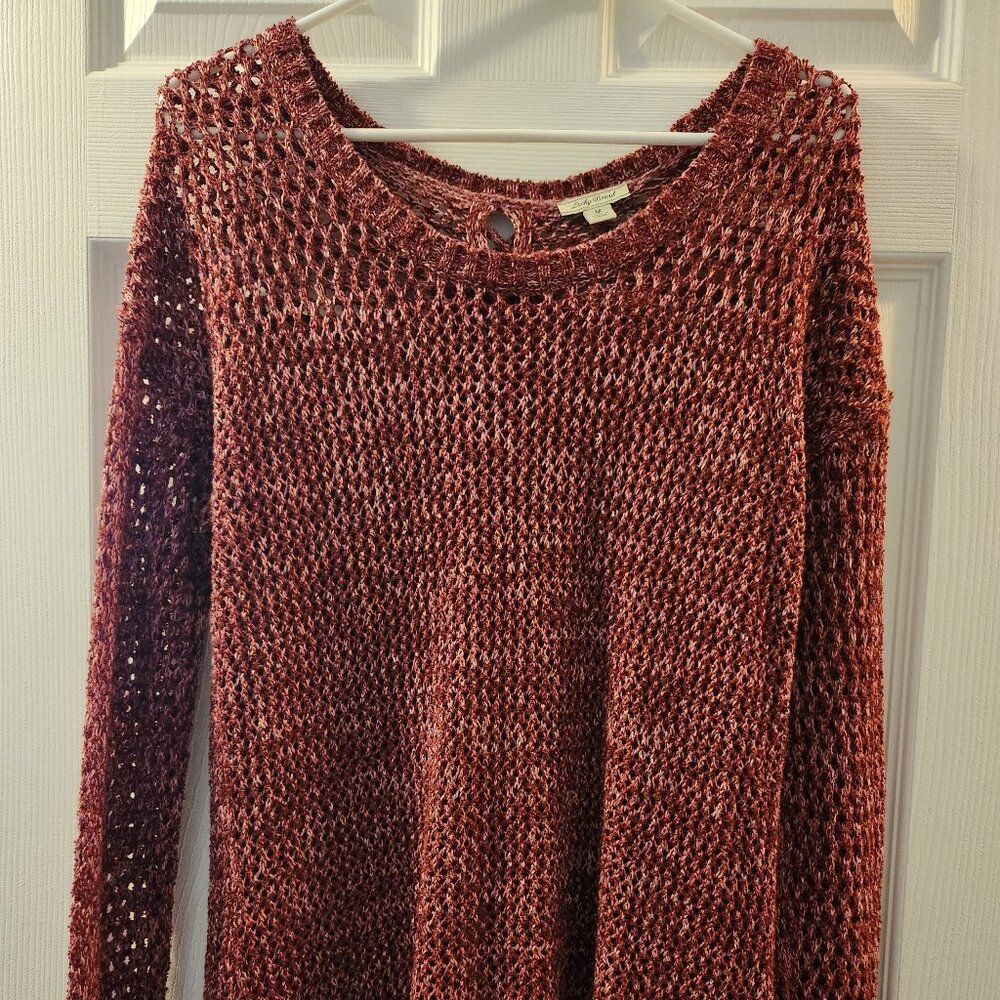 Lucky Brand Open Crochet Knit Maroon Sweater Women's Size Medium Tunic Split Bac - Picture 1 of 9